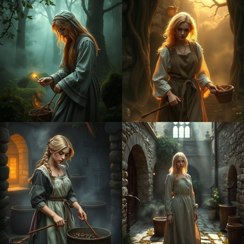 Medieval Maiden in Warm Glow, Amidst Dreary Mist