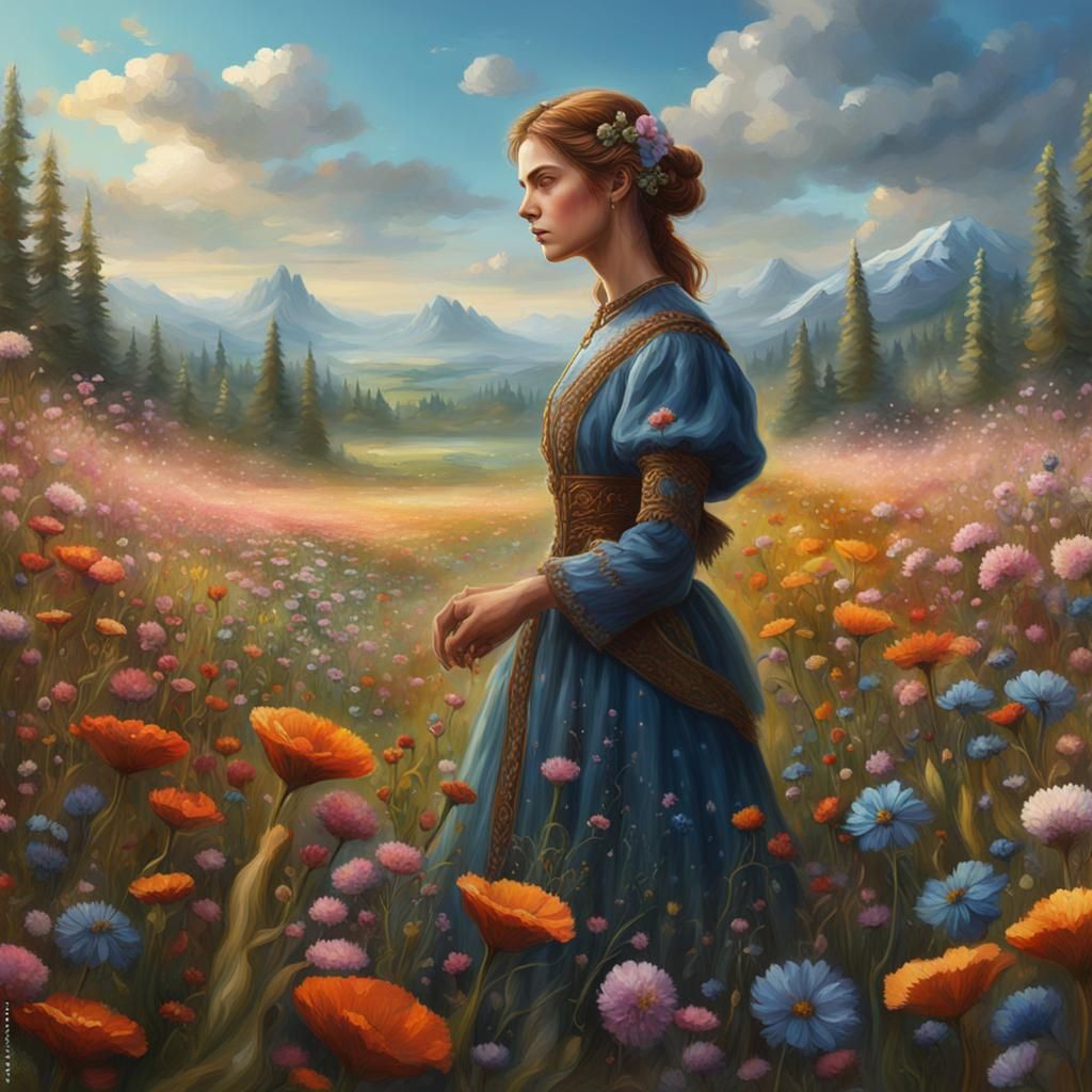 Oil Painting of a Woman in Flower Meadow