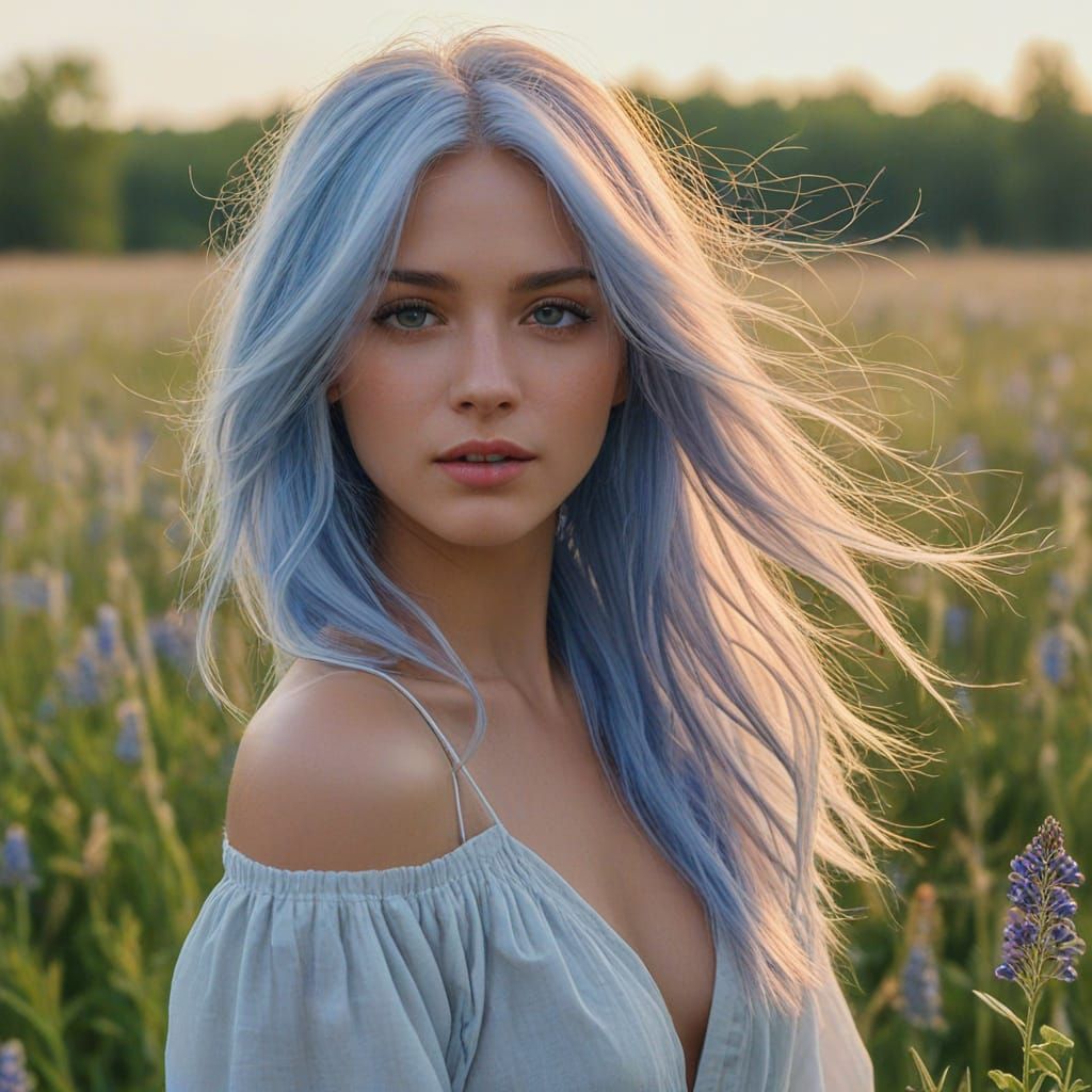Beautiful Woman With Light Blue Hair in Wildflower Field