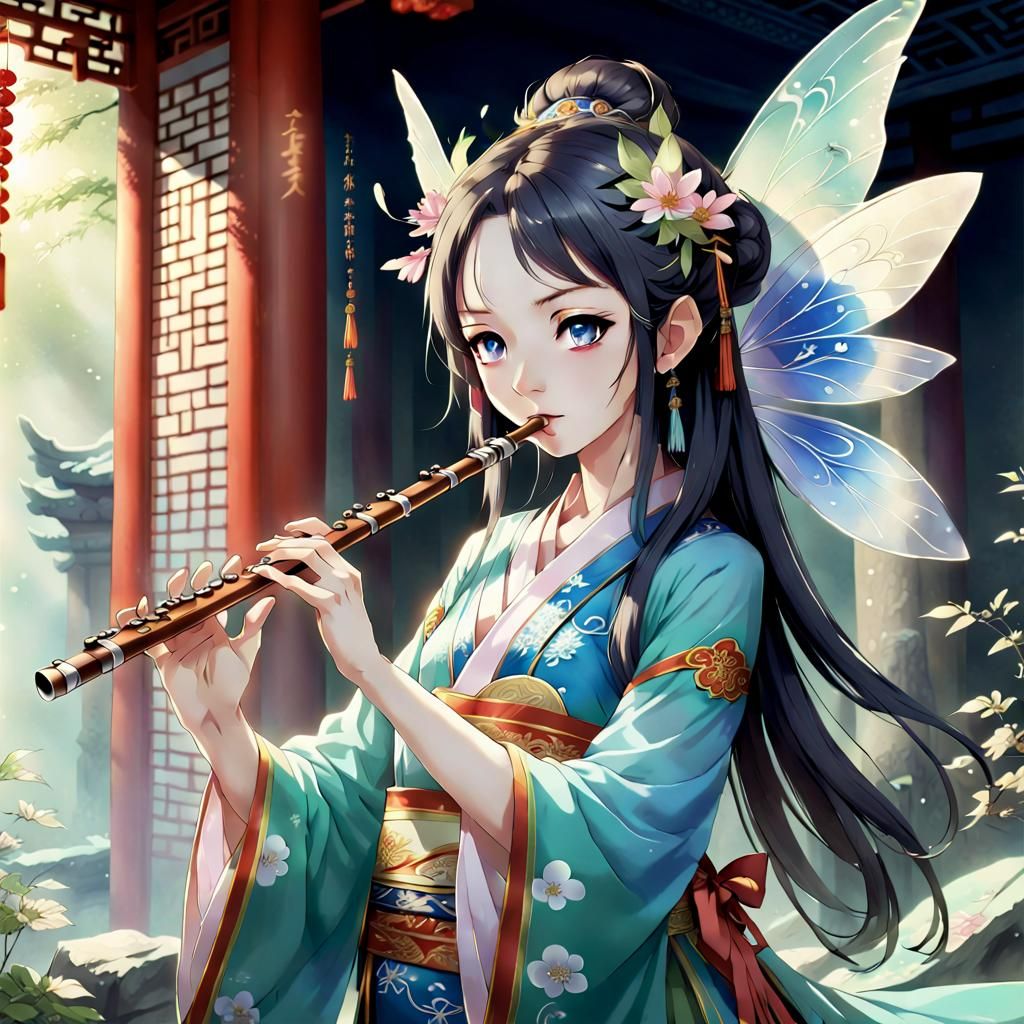 Fairy Playing Flute in Anime Style
