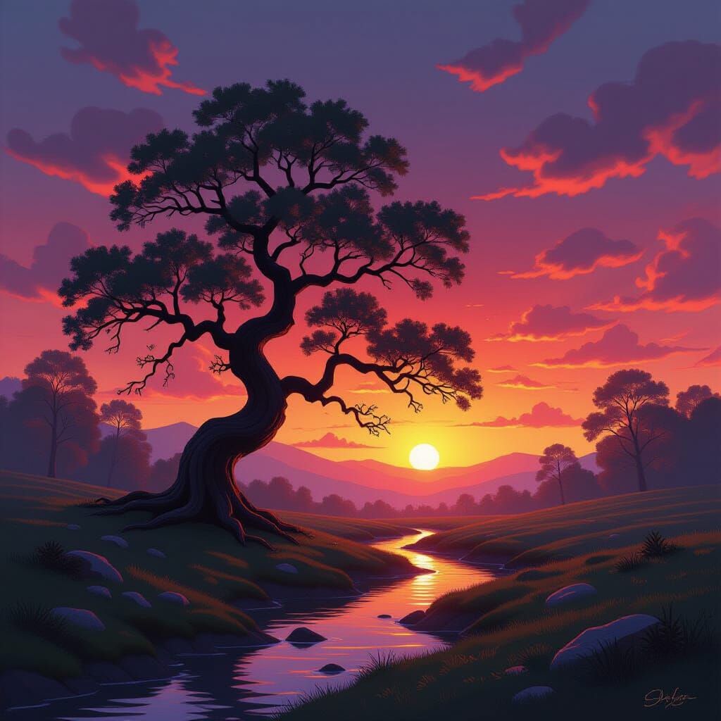 Ancient Tree Silhouetted Against Fiery Sunset Sky