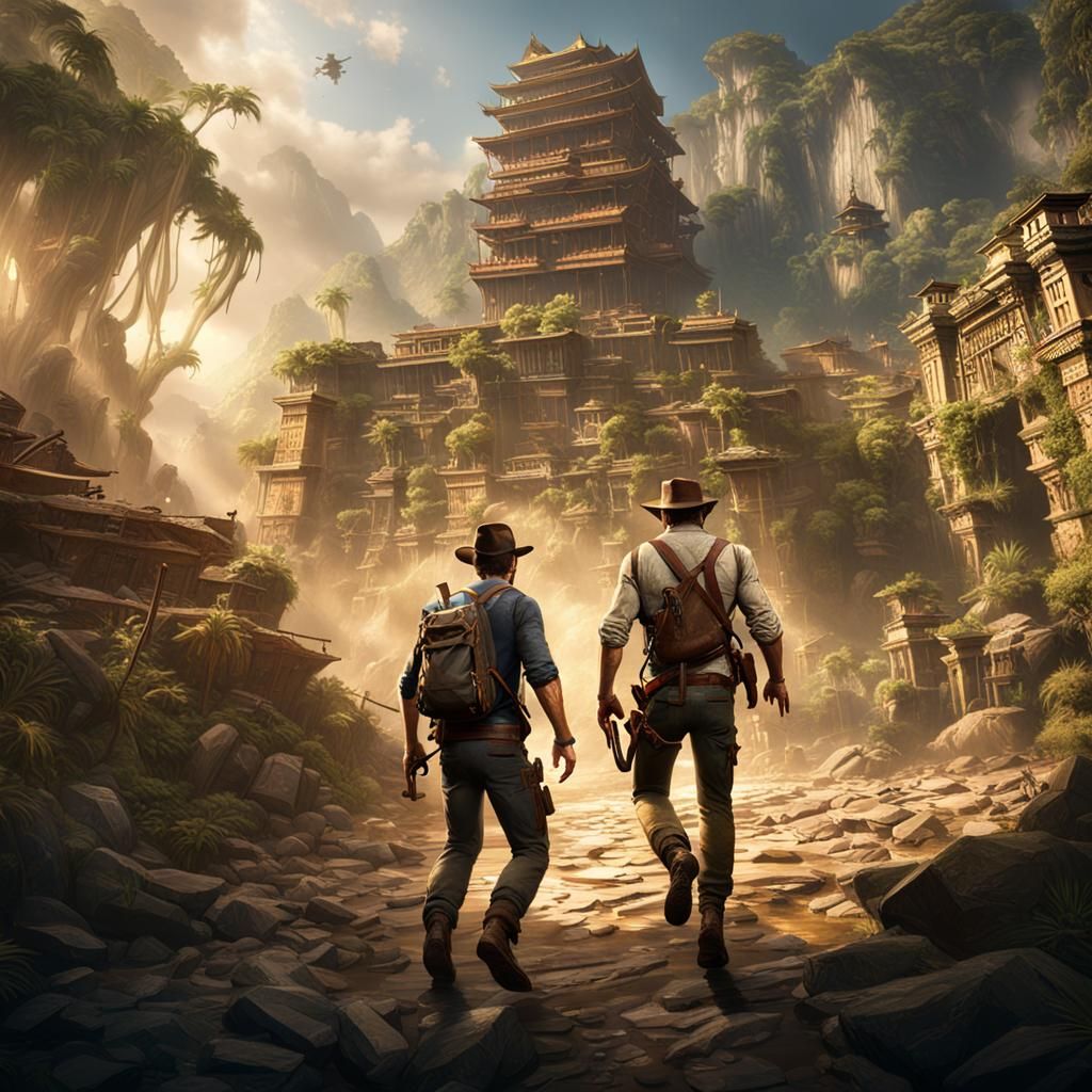 nathan drake and indiana jones escaping shangri-la