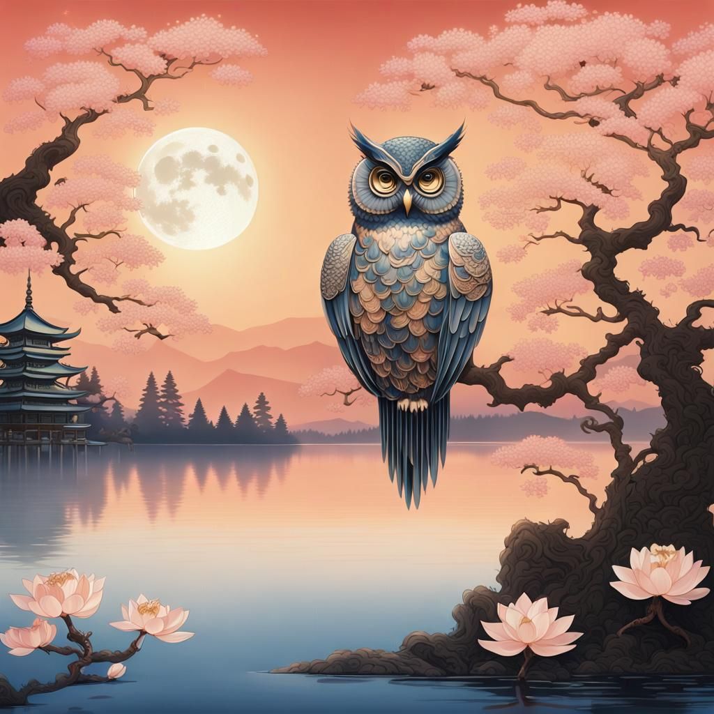 Opulent Japanese Owl Scene with Platinum and Diamond Feather...