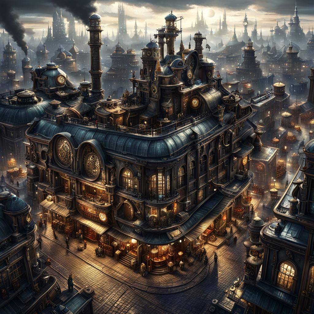 Steampunk City with Clockwork Dog Companion