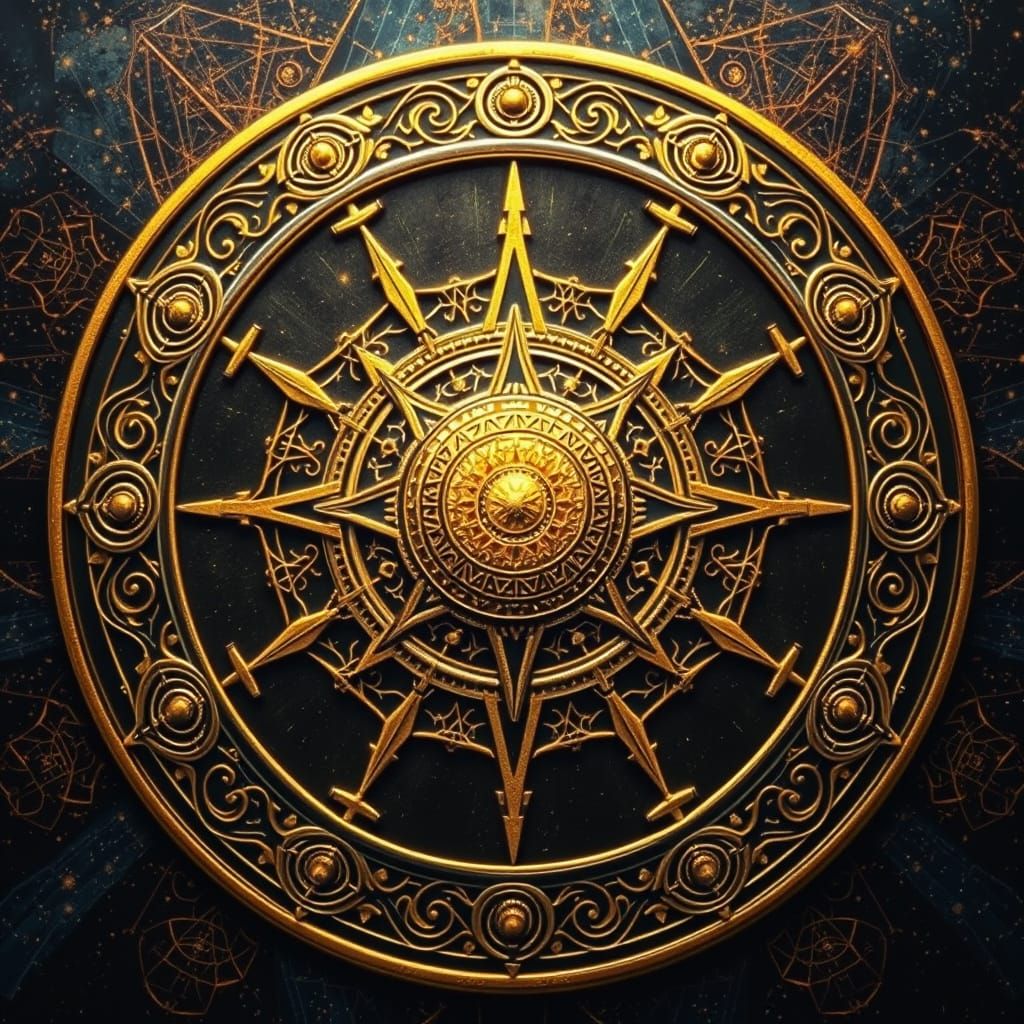 Golden Heliocentric Emblem with Cosmic Patterns