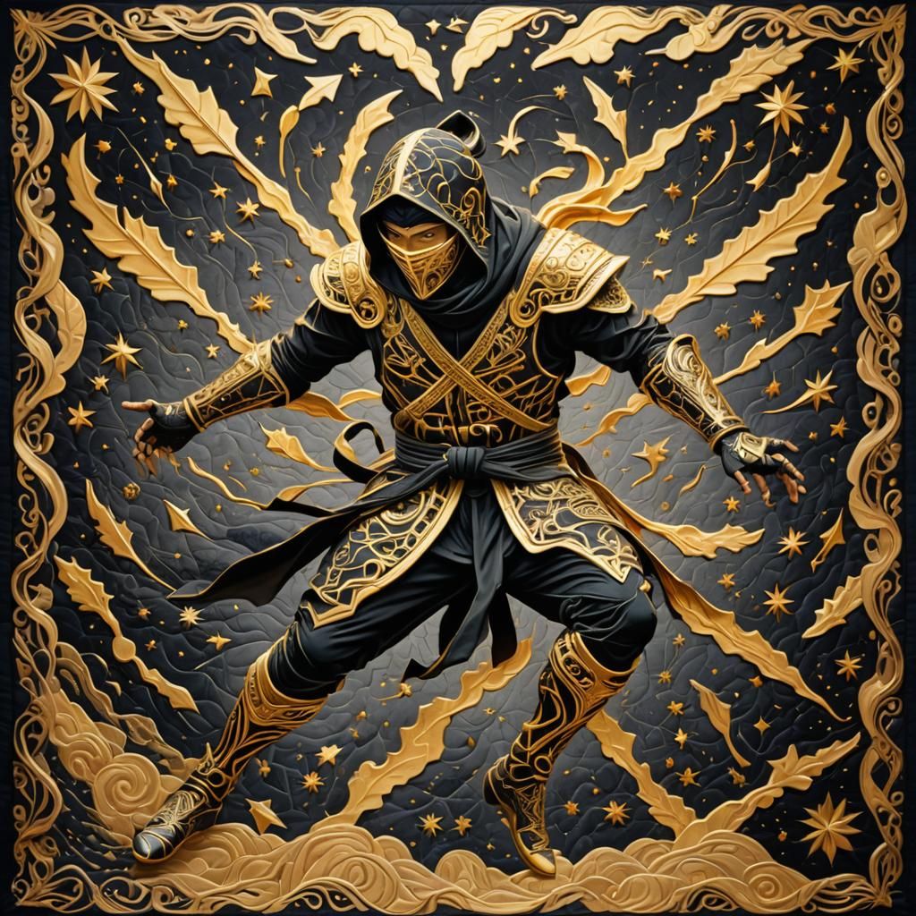 Ninja Fighter in Radiant, Liquid Gold Quilt Art