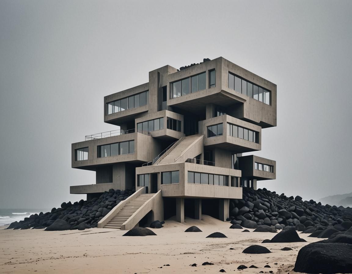 Volcanic Rock Villa on Beach in Brutalist Style
