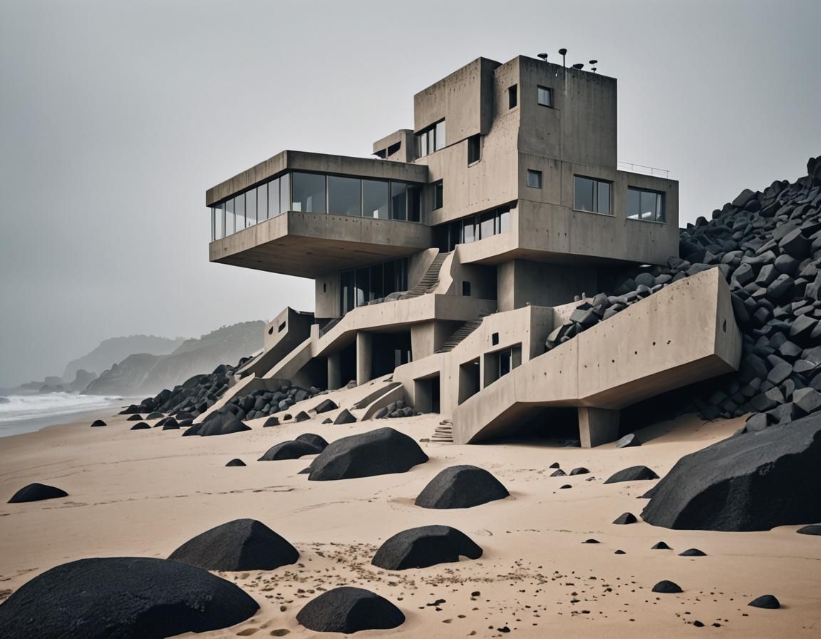 Volcanic Rock Villa on Sandy Beach: Brutalist Design