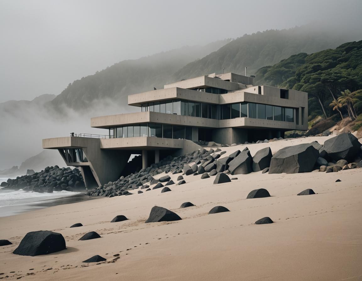 Brutalist Volcanic Villa on a Sandy Beach