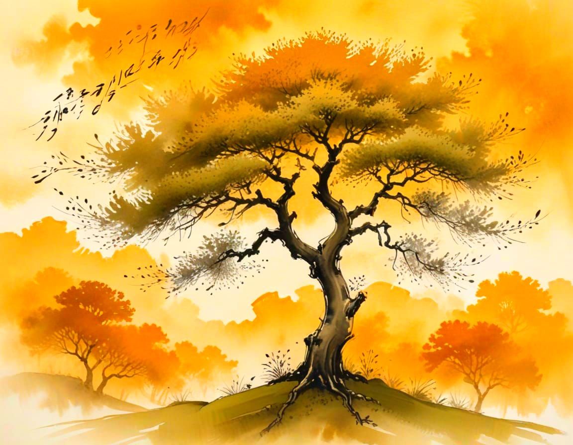 Elegant Autumnal Ink Wash Painting with Calligraphic Lines