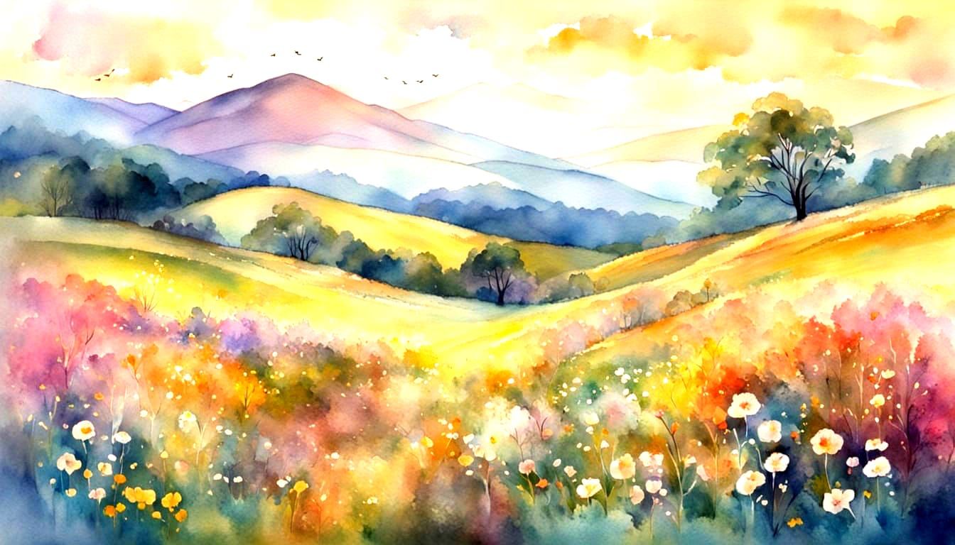 Watercolor Landscape with Dreamlike Sky