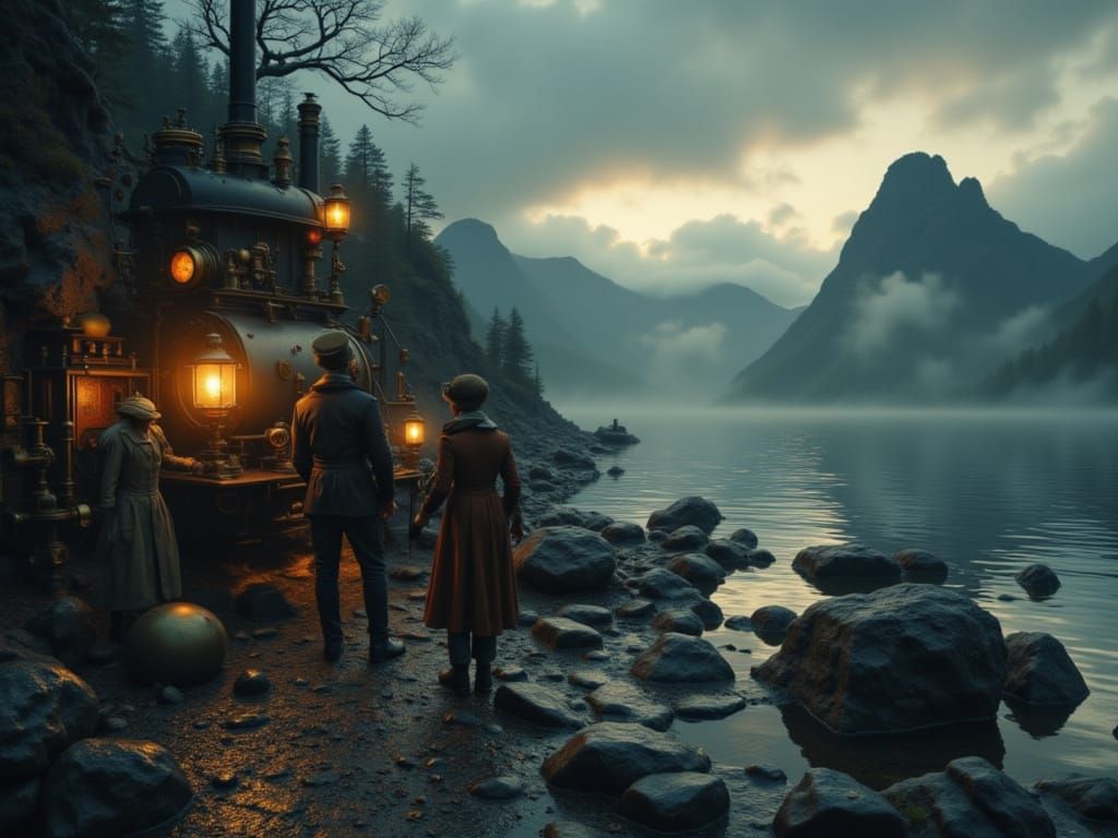 Steampunk Explorers and Loch Ness Monster at Twilight