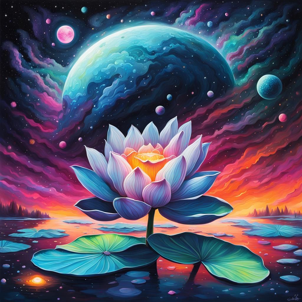 Cosmic Galaxy Lotus Flower in Graffiti Art Style