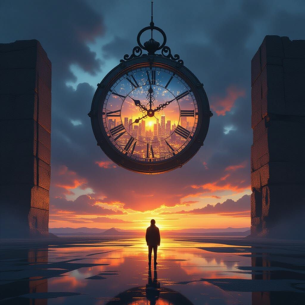 Epic Sunset Scene with Giant Clock and Cityscape