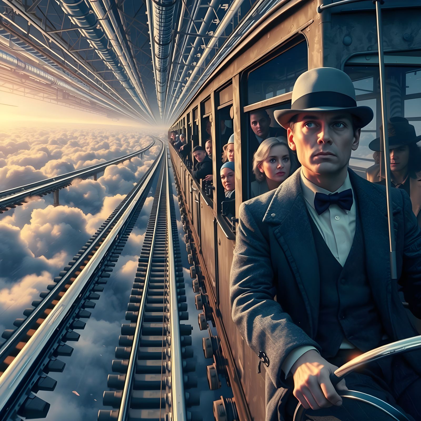 Hyperrealistic Train Blurs Reality in Dreamlike Sky