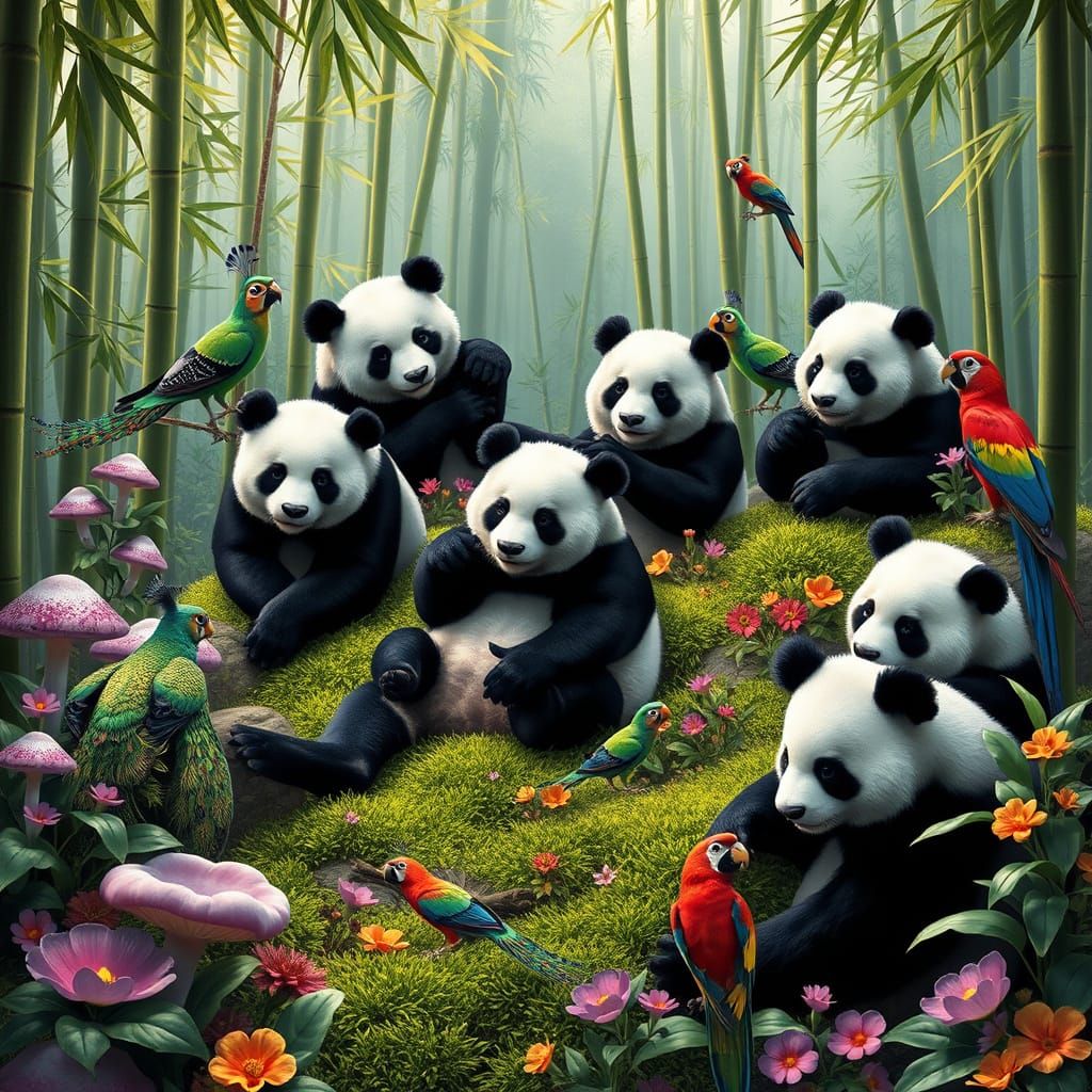 Pandas in Paradise: A Vibrant Fantasy Scene