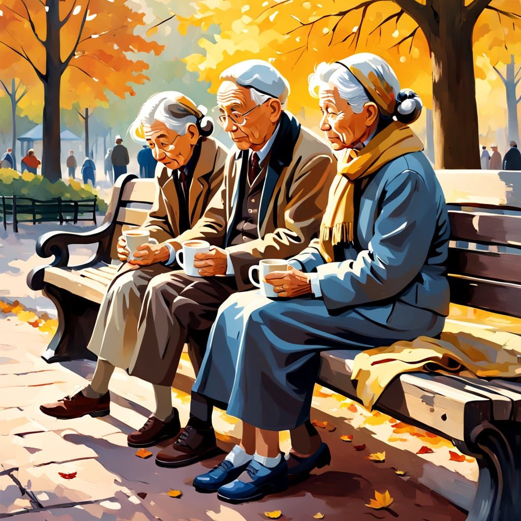 Elderly Couple on Autumn Bench in Impressionist Style