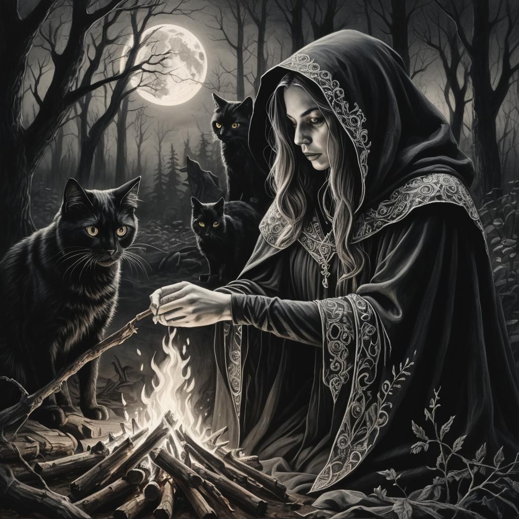 Mystical Witch Ritual in Moonlit Forest, Charcoal Art