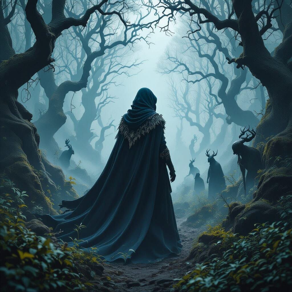 Mystical Woman in Dark Forest: Matte Painting