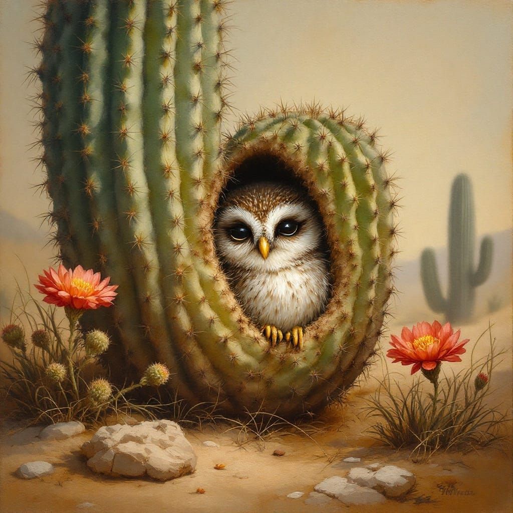 A detailed oil painting of a mni chibi-adorable sleepy-eyed adorable Pygmy owl  in its saguaro cactus home. The owl is p...