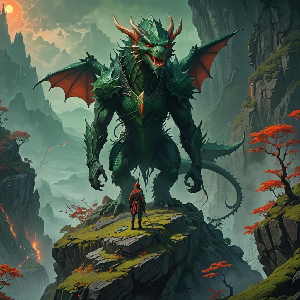 Elf Warrior and Dragon in Mystical Forest