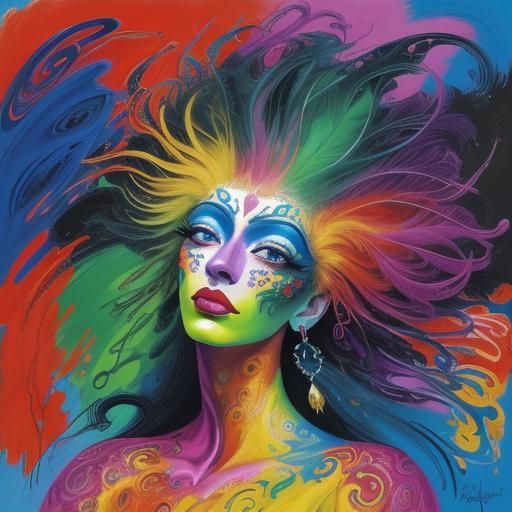 Abstract Woman with Peacock Hair in Fauvist Style