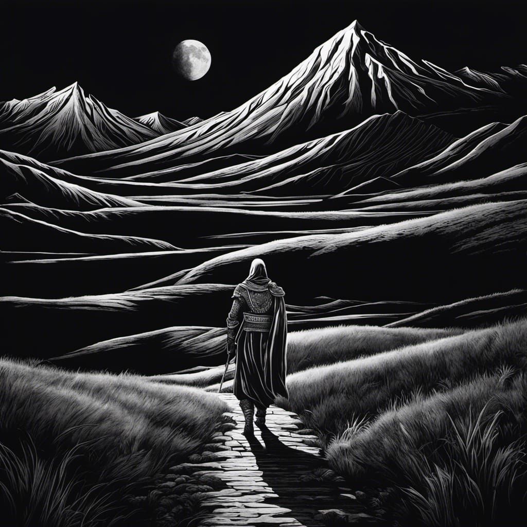 Mythical Warrior Portrait in White Ink Lineart