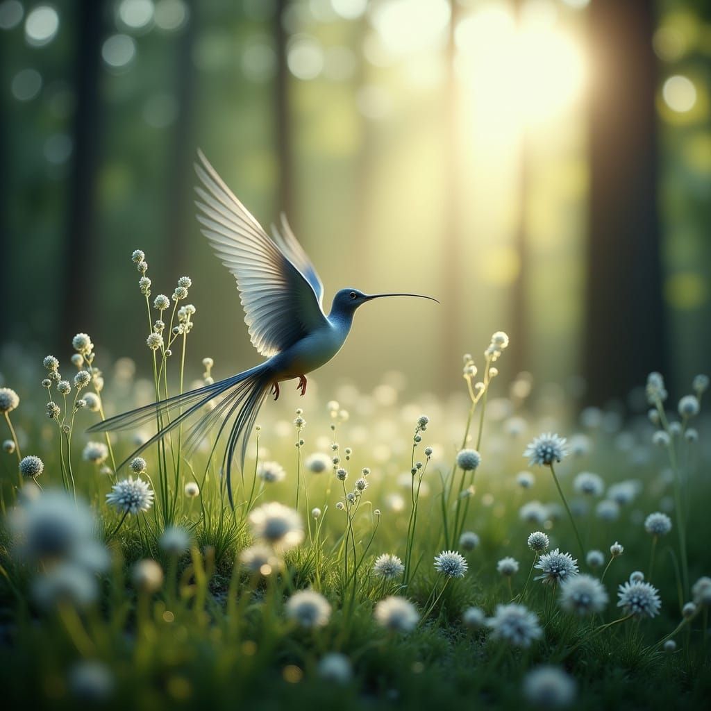 Blue Bird Flies to Light in Impressionistic Style