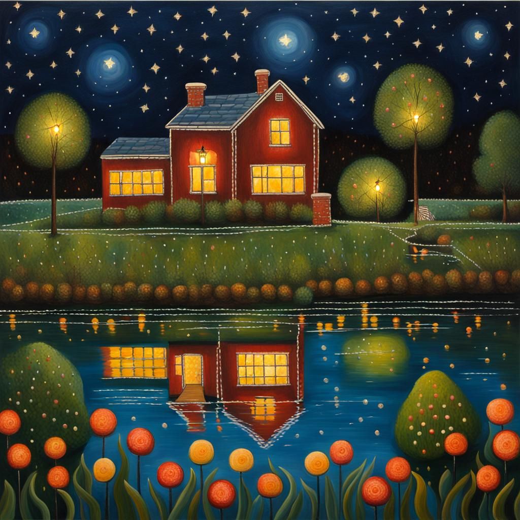 Reflections of Lights in Pond, Naive Folk Art