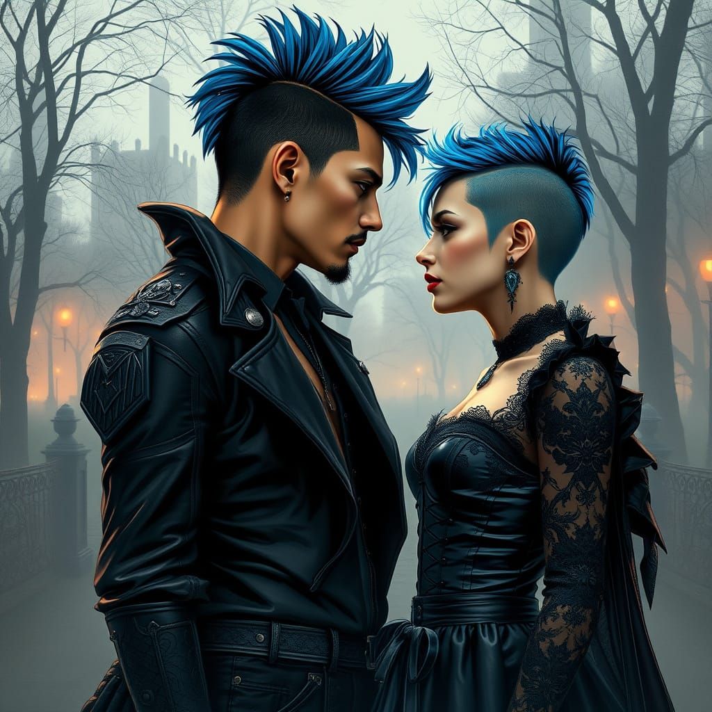 Punk Woman and Gothic Man in Neon-Lit Park