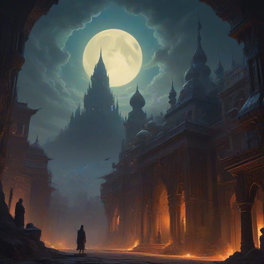 Epic Desert Landscape Under Arabian Nights Skyline