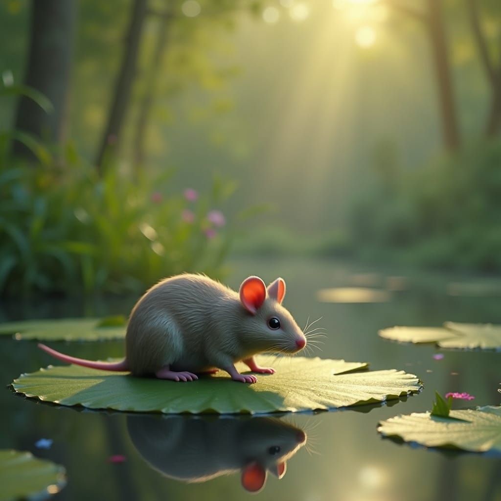 Disney-Inspired Mouse on a Serene Pond
