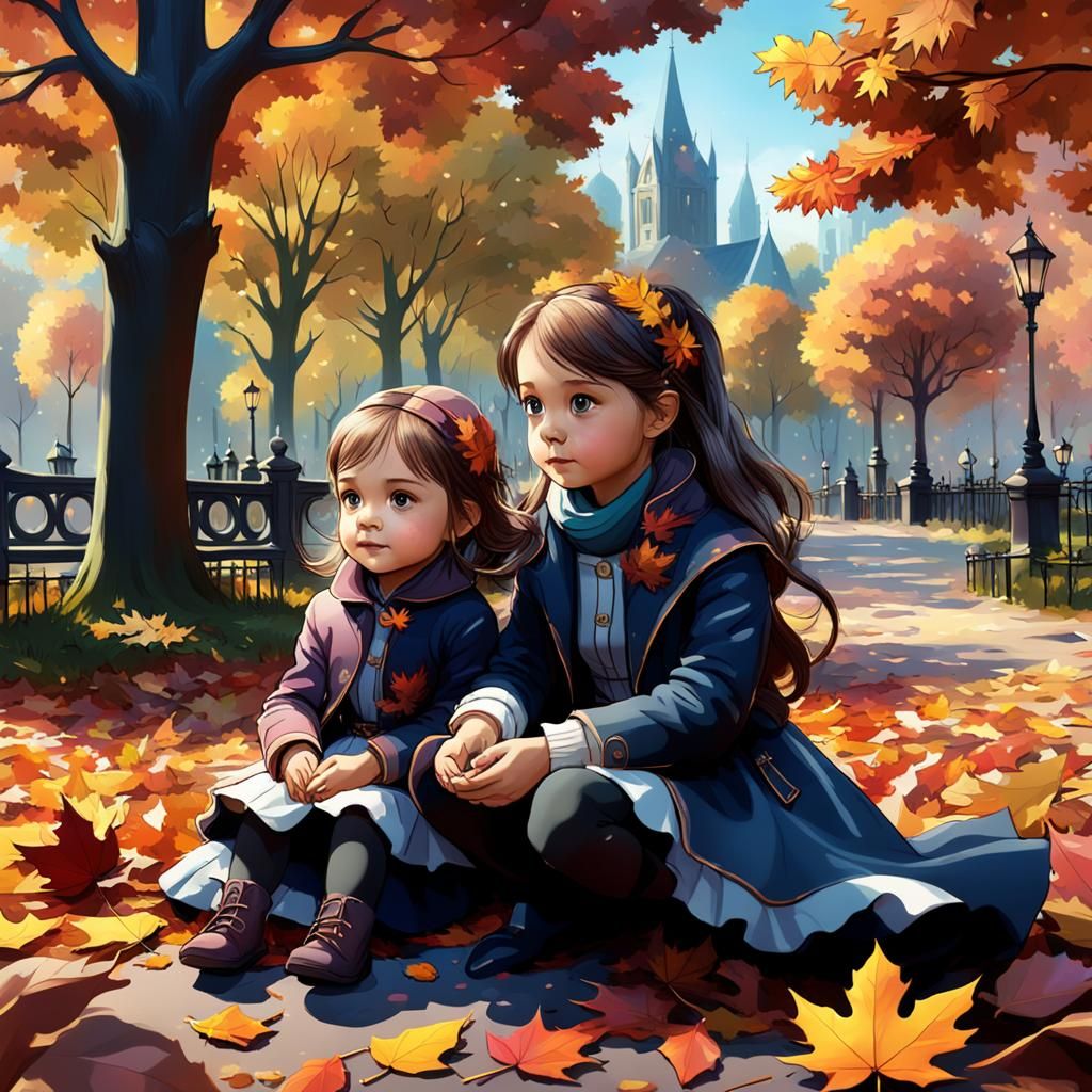 Baby and Girl in Autumn Park Painting