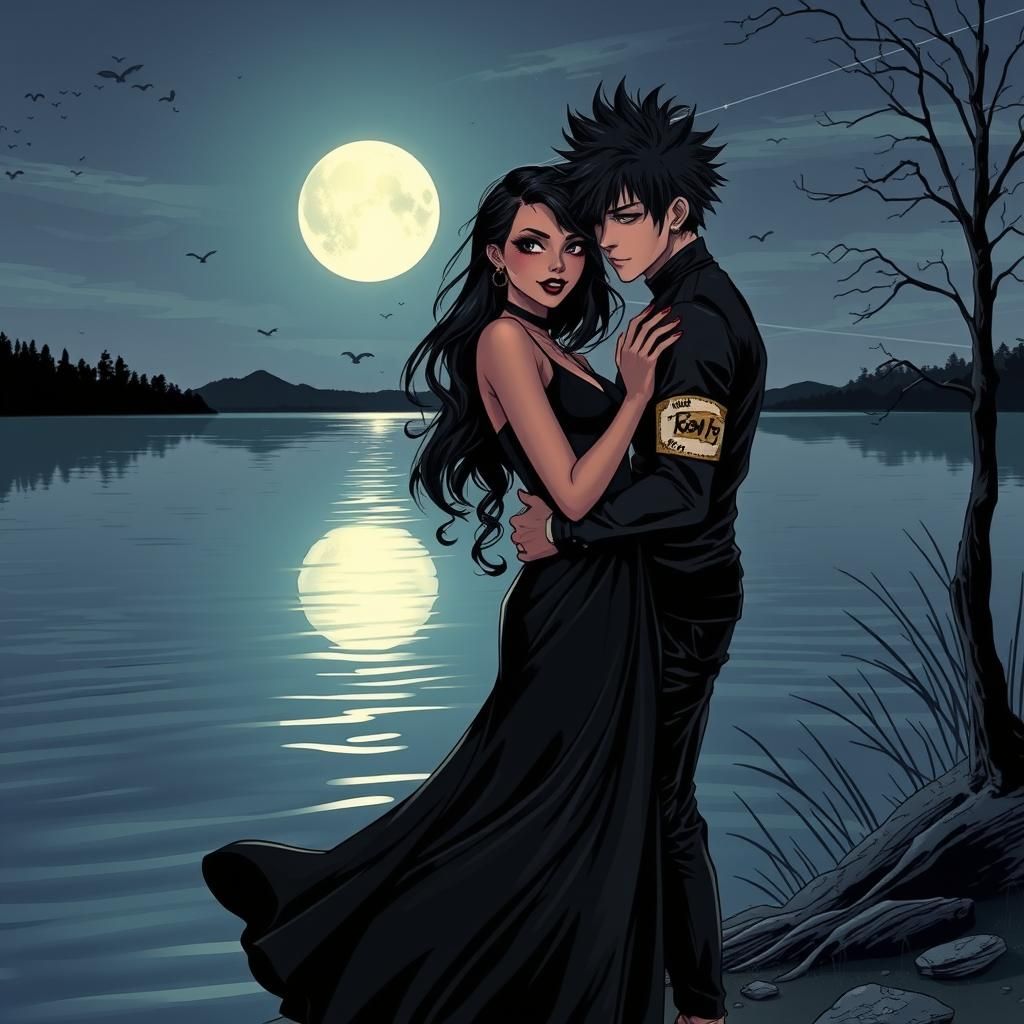 Romantic Lakeside Couple in Comic Book Style