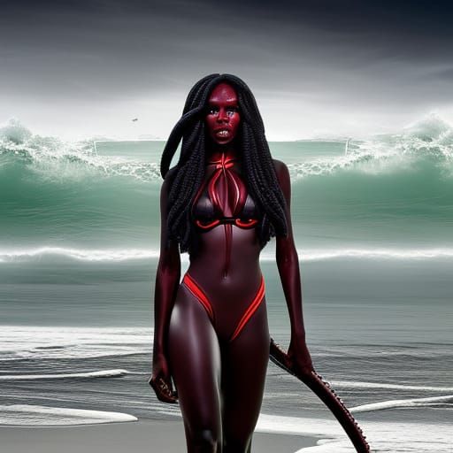 Intricate hyperdetailed dark-skinned Eldritch Lovecraftian Cenobite Cthulhu girl on the beach in a bikini, curling tenta...