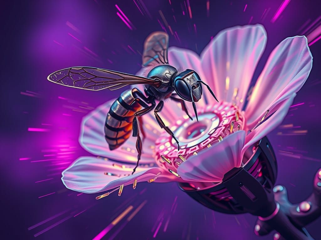 Biomechanical Bee in Iridescent Exoskeleton, Gathering Necta...
