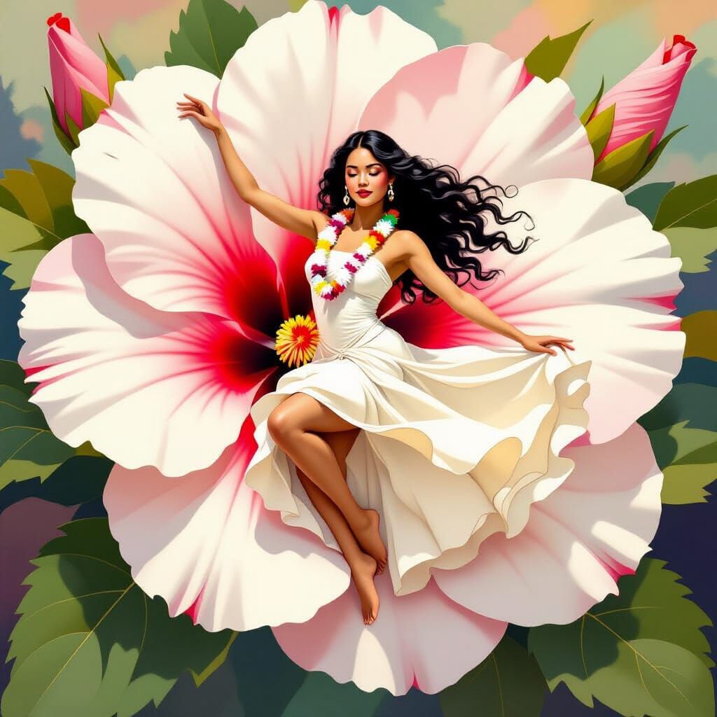 Hula Dancer in Hibiscus Flower, Watercolor Style