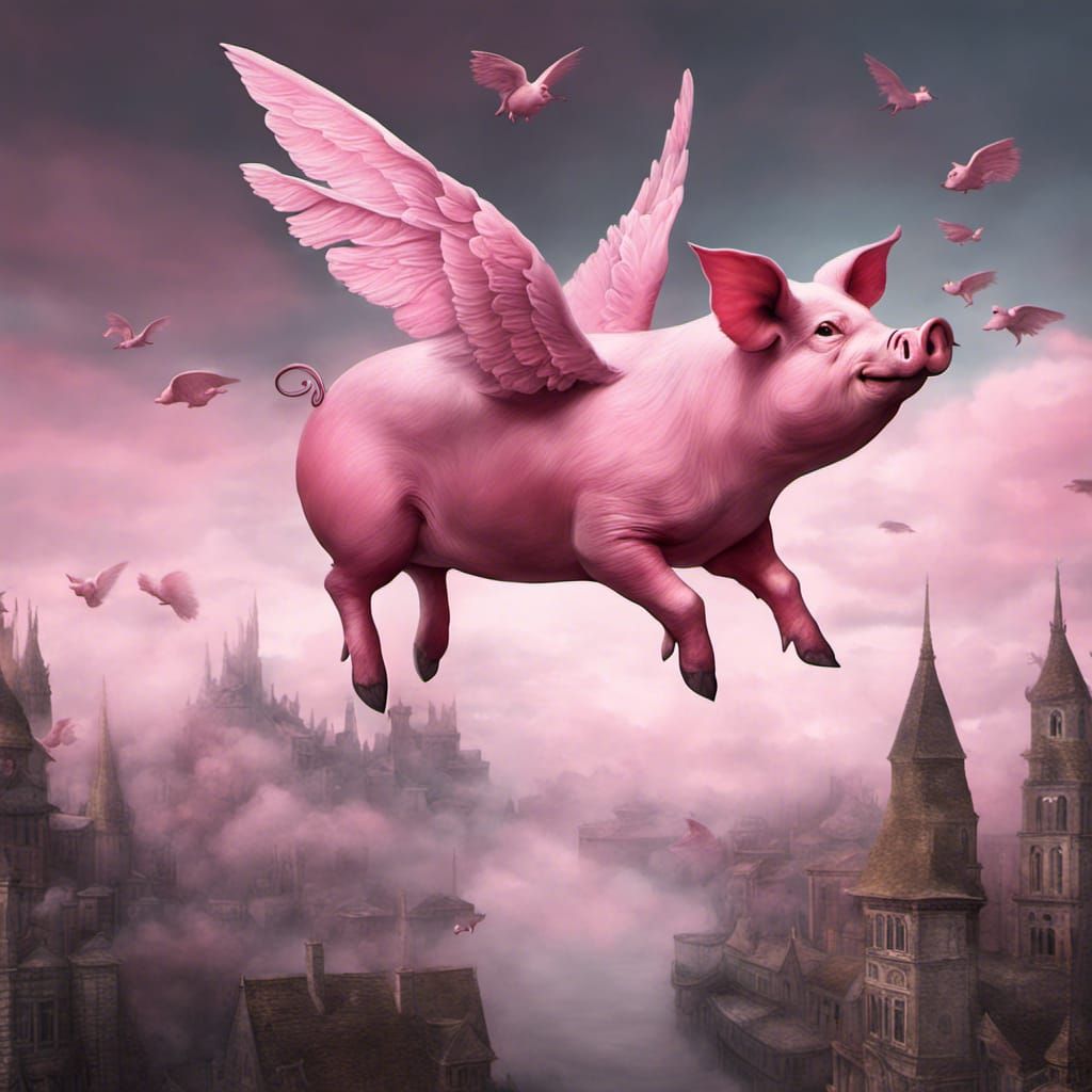 Surreal Flying Pink Pig Fantasy Art