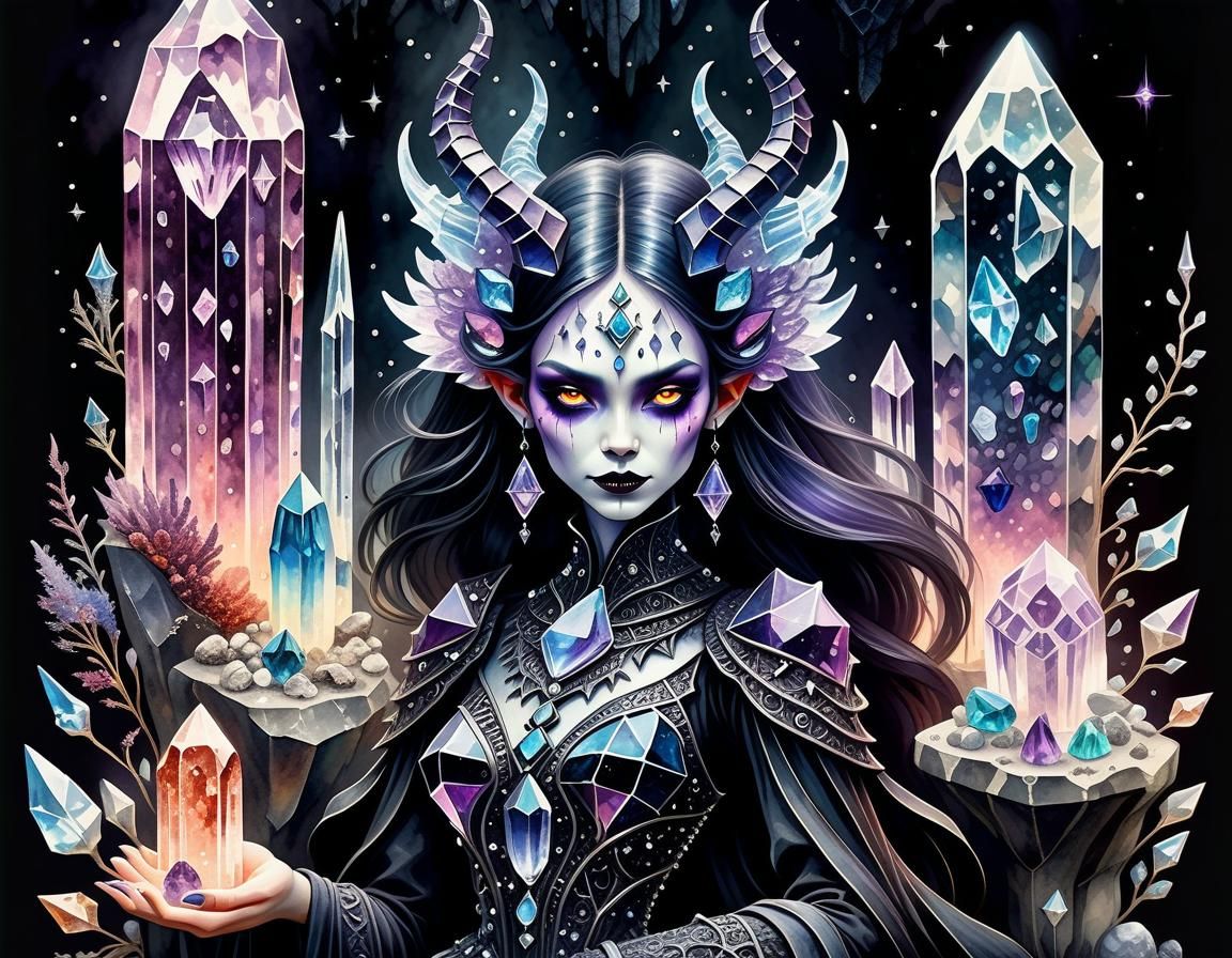 Gothic Demoness Surrounded by Magical Crystals Watercolor