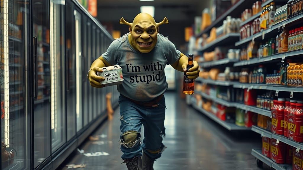 Shrek Struggles with Addiction in a Desolate Grocery Store