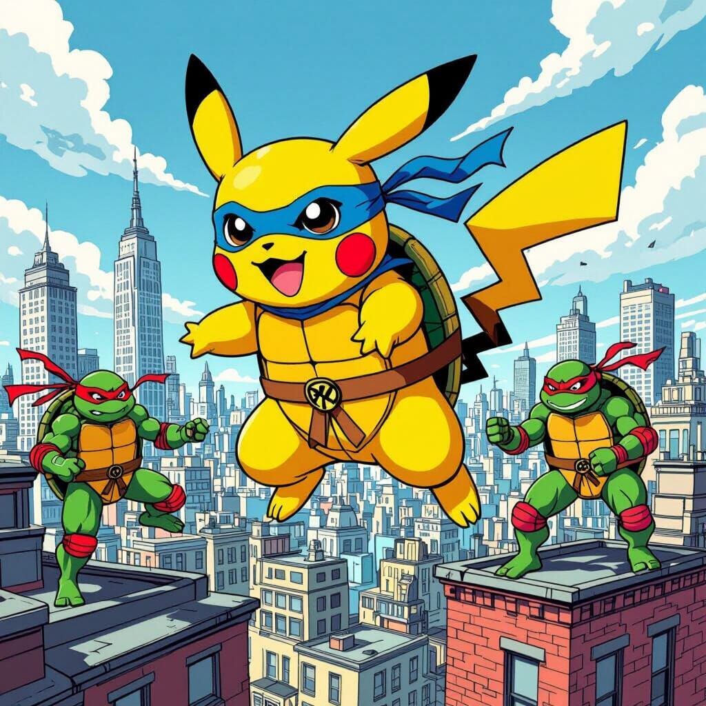 Pikachu as Ninja Turtle in Comic Book Illustration
