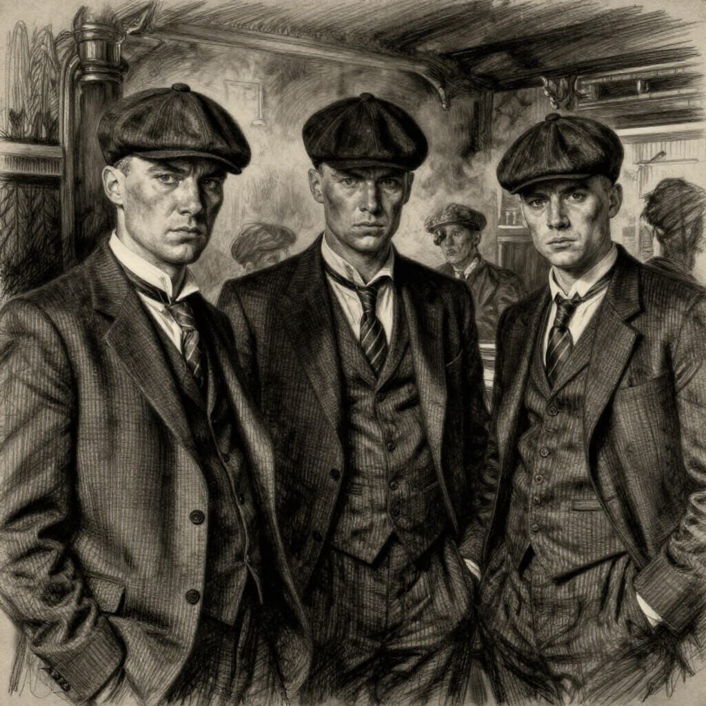 Peaky Blinders Characters in Smoky Pub Charcoal Drawing