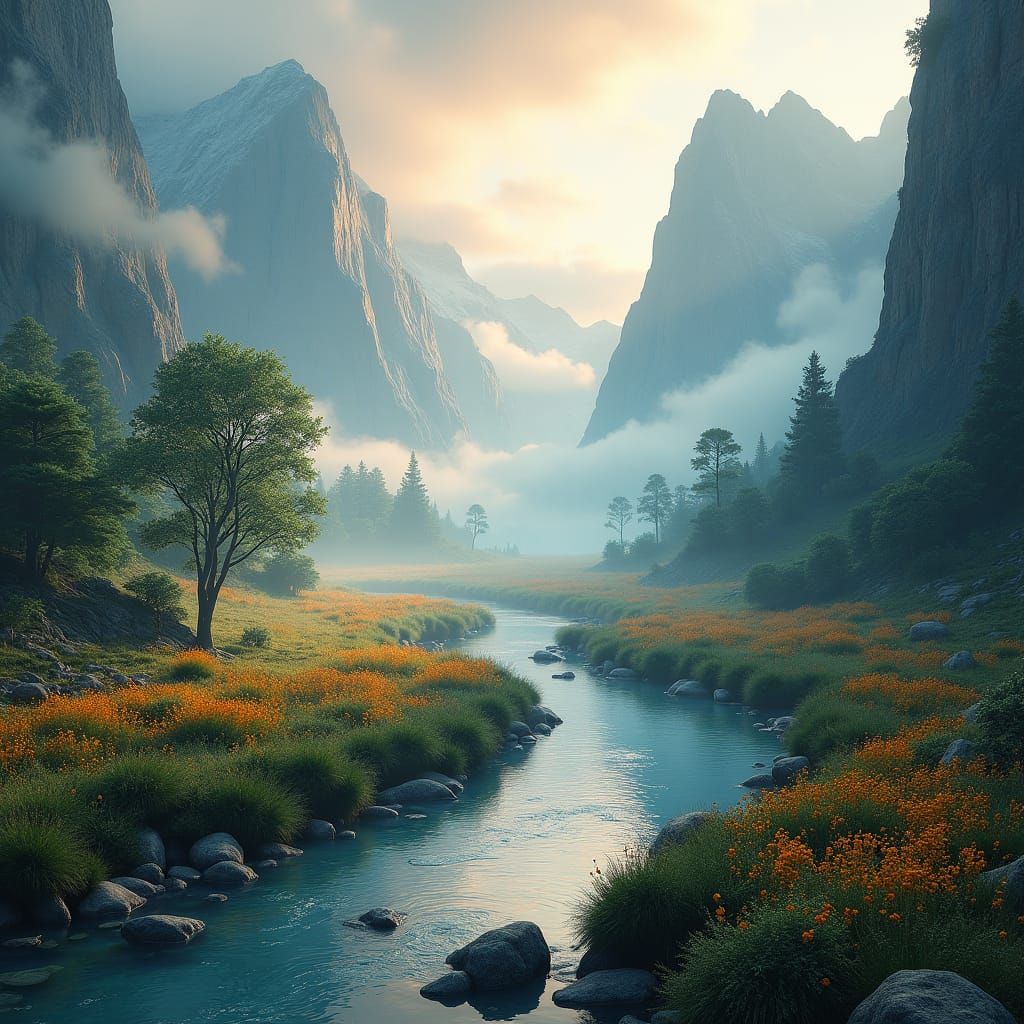 Majestic Mountain Valley Landscape in Fantasy Style