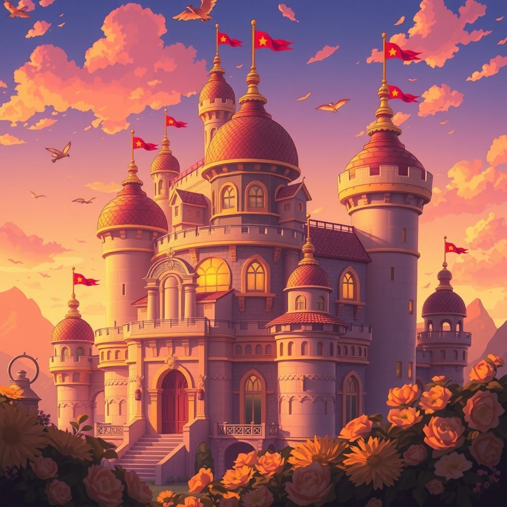a Honeycomb castle at sunrise, with the soft golden light il...