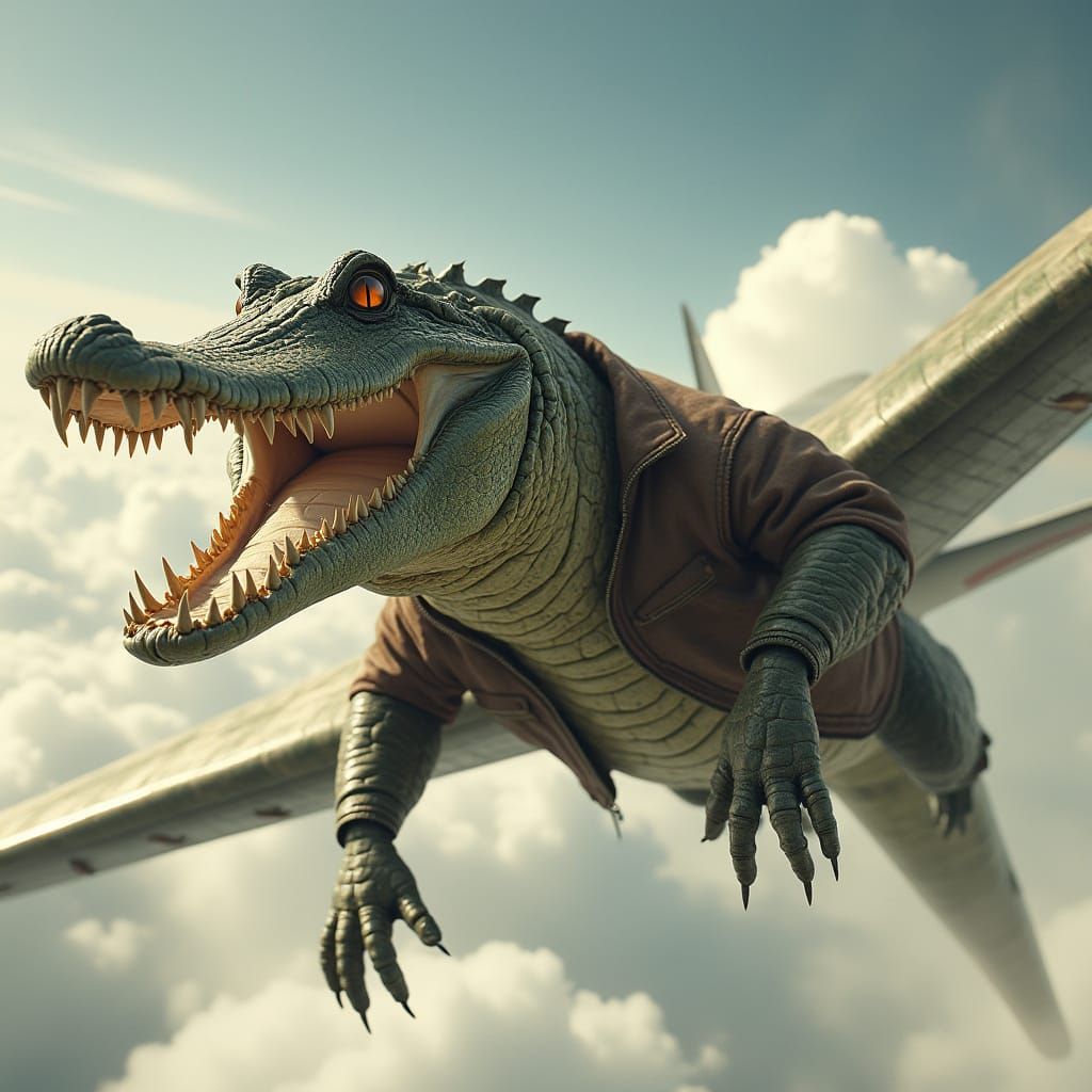 Cyberpunk Crocodile Bomber Soars Through the Skies