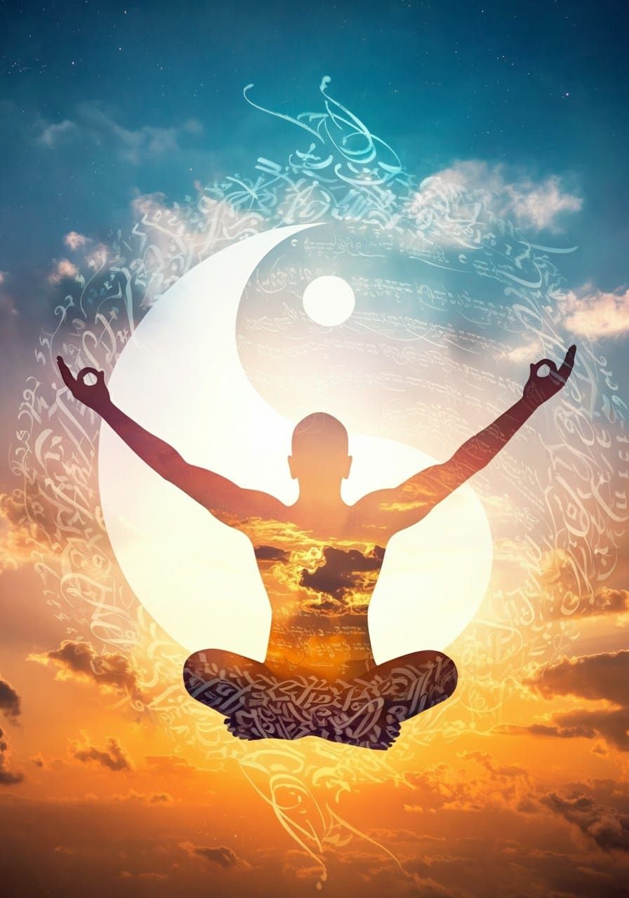 Meditating Silhouette Levitates in Yin-Yang Sky