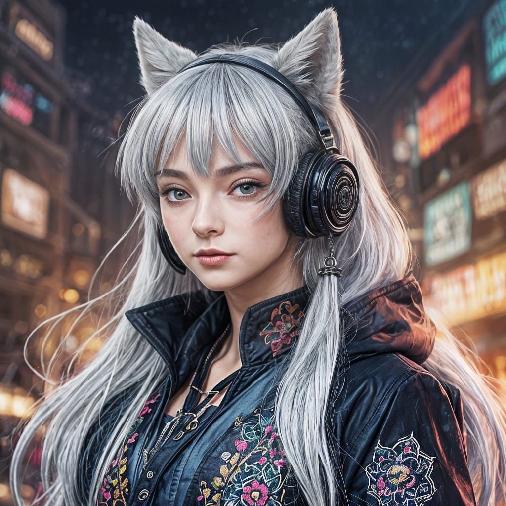 Anime Wolf Girl in Vibrant Fantasy Attire