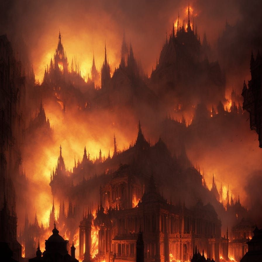 Burning Temple Watched by Bystanders: Dark Fantasy Art