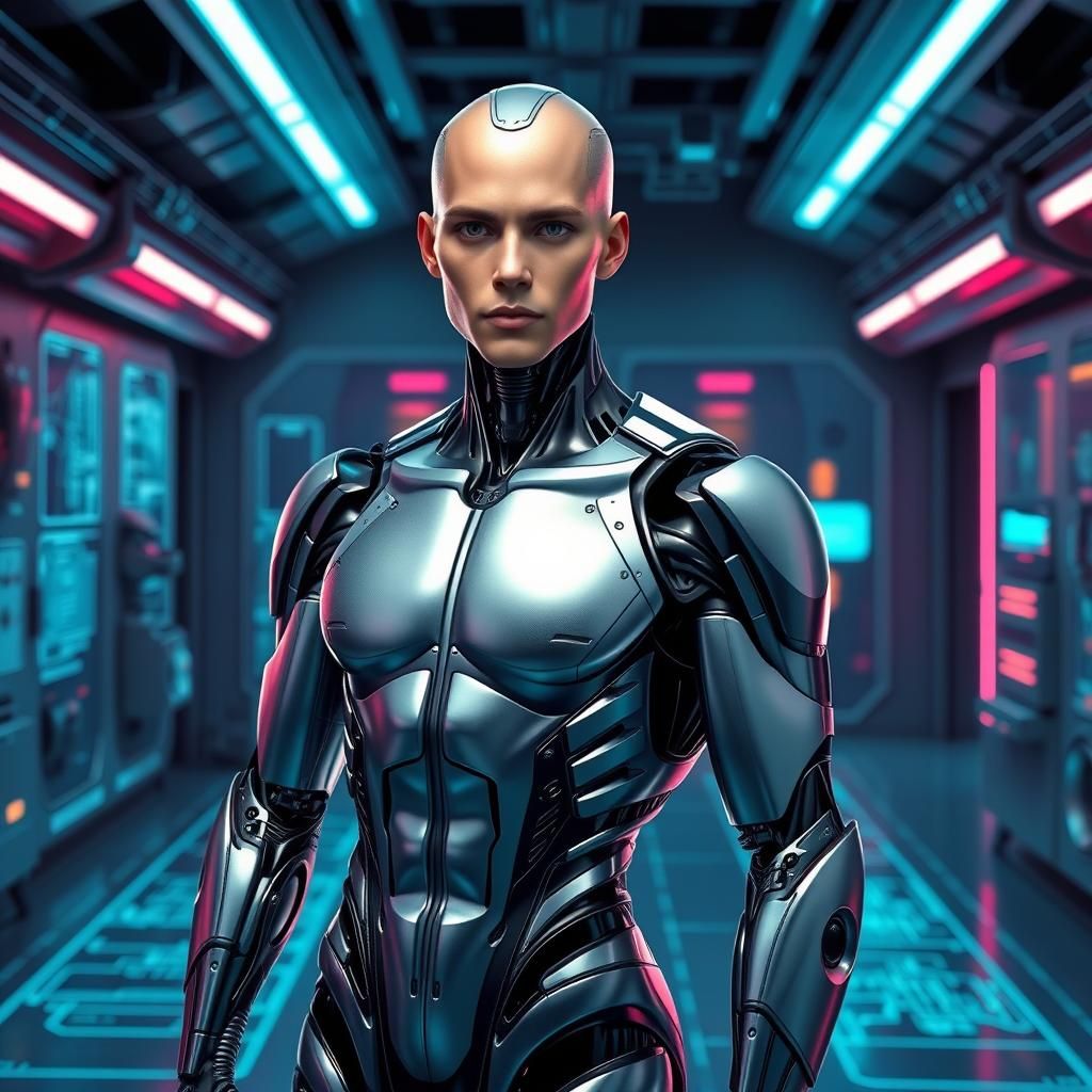 Futuristic Robot in Sleek Metallic Jumpsuit