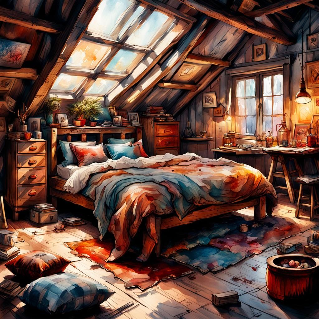 Cozy Loft Bedroom in Surrealist Fractal Style